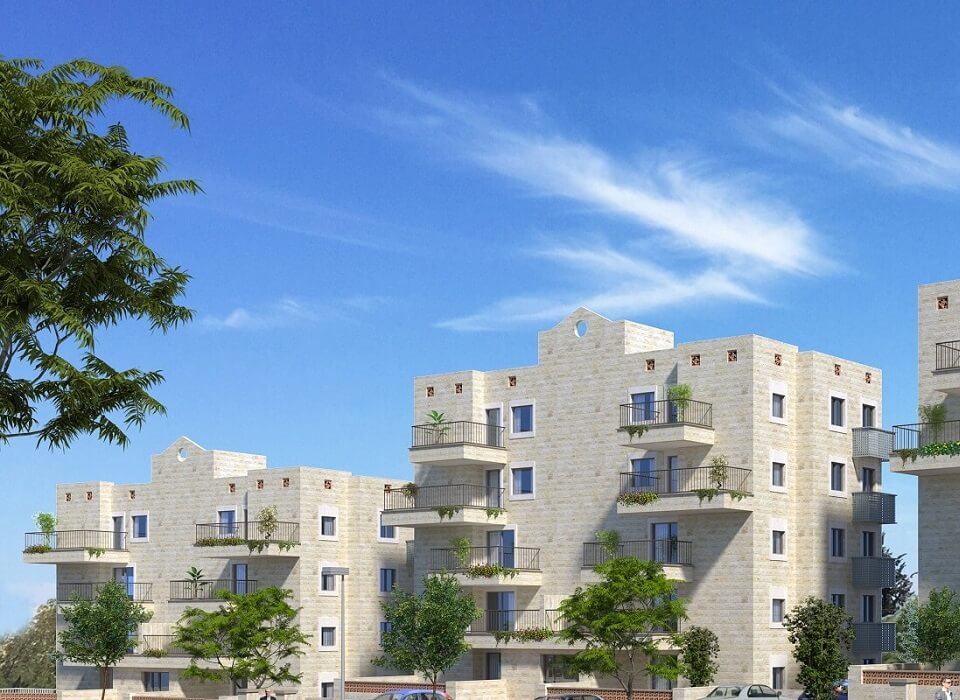 בניינים עם מרפסות, חניות ועצים